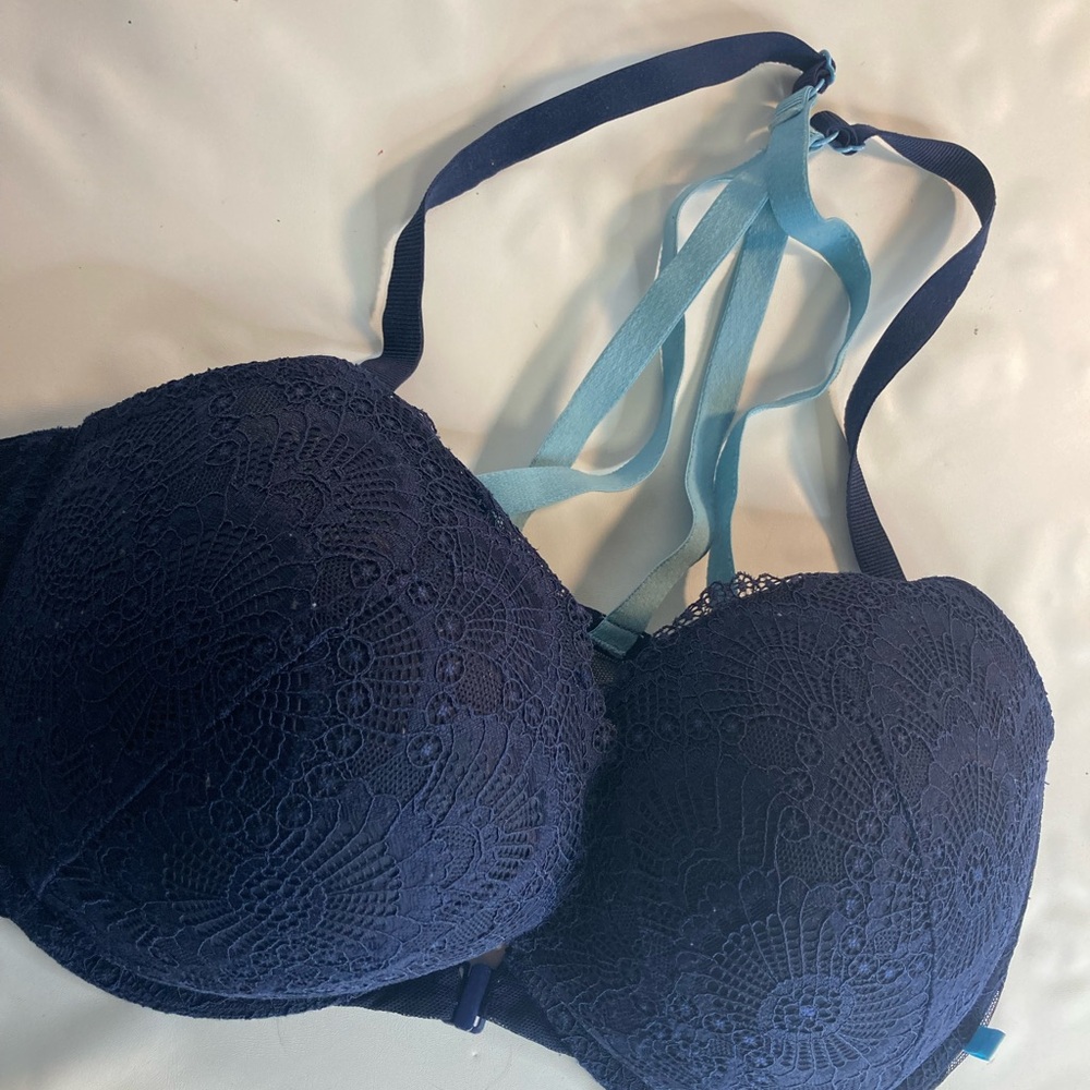 Victorias Secret Push Up Front Closure Bra ~ 38DD Navy Turquoise Strappy Back